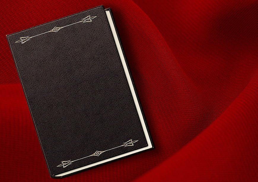 Black leather notebook with gold embossing on red fabric