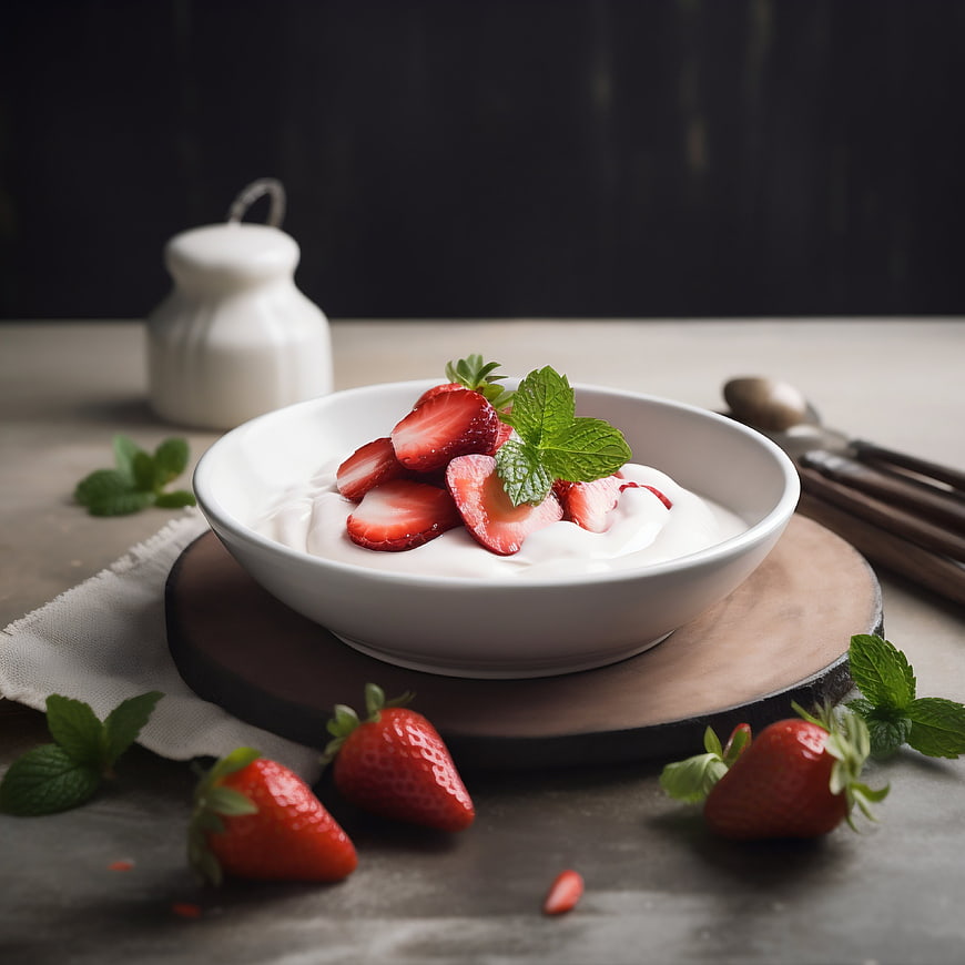 Fresh Strawberry Yogurt Bowl with Mint Garnish