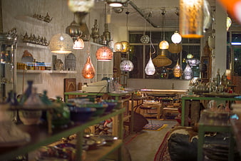 Interior of a Moroccan lamp shop with hanging lanterns