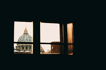 St. Peter's Basilica Dome View Through Dark Window Frame