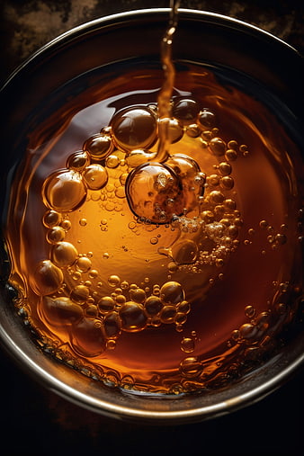 Amber liquid pouring into bowl with bubbles