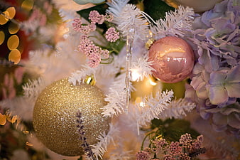 Festive Christmas Tree Close-Up With Gold And Pink Ornaments