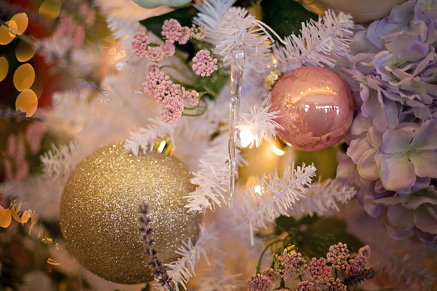 Festive Christmas Tree Close-Up With Gold And Pink Ornaments