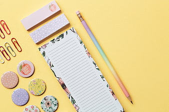 Pastel Stationery Flat Lay on Yellow Background