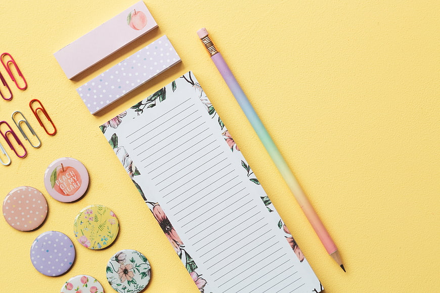 Pastel Stationery Flat Lay on Yellow Background