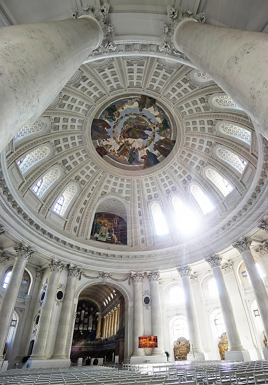 Grand Cathedral Dome Interior with Marble Columns and Fresco