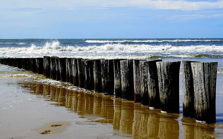Weathered wooden groynes on a sandy beach with ocean waves