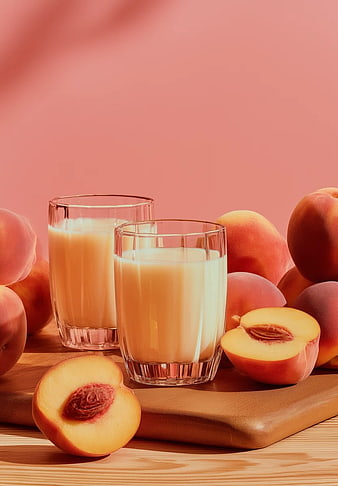Fresh Peach Smoothie with Ripe Peaches on Wooden Board