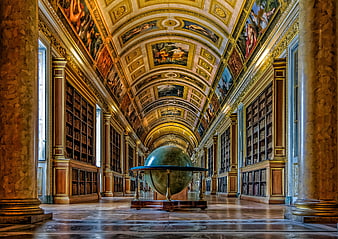 Grand Baroque Library Interior With Central Globe And Painted Vaulted Ceiling