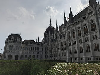 Hungarian Parliament Building in Budapest with Foreground Flowers