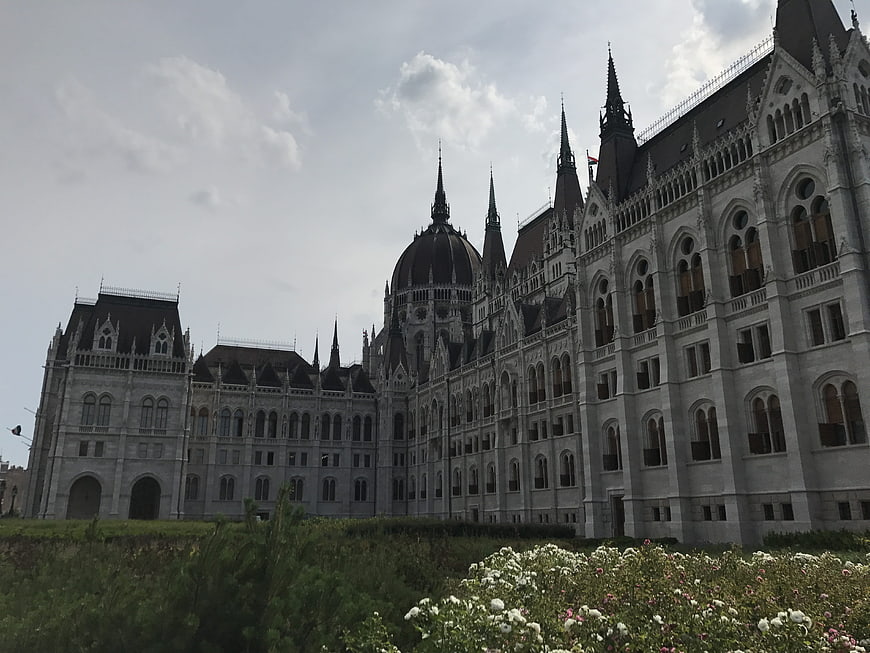 Hungarian Parliament Building in Budapest with Foreground Flowers