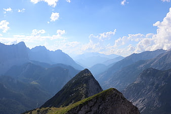 Panoramic Alpine Mountain Ridge with Blue Sky and Clouds