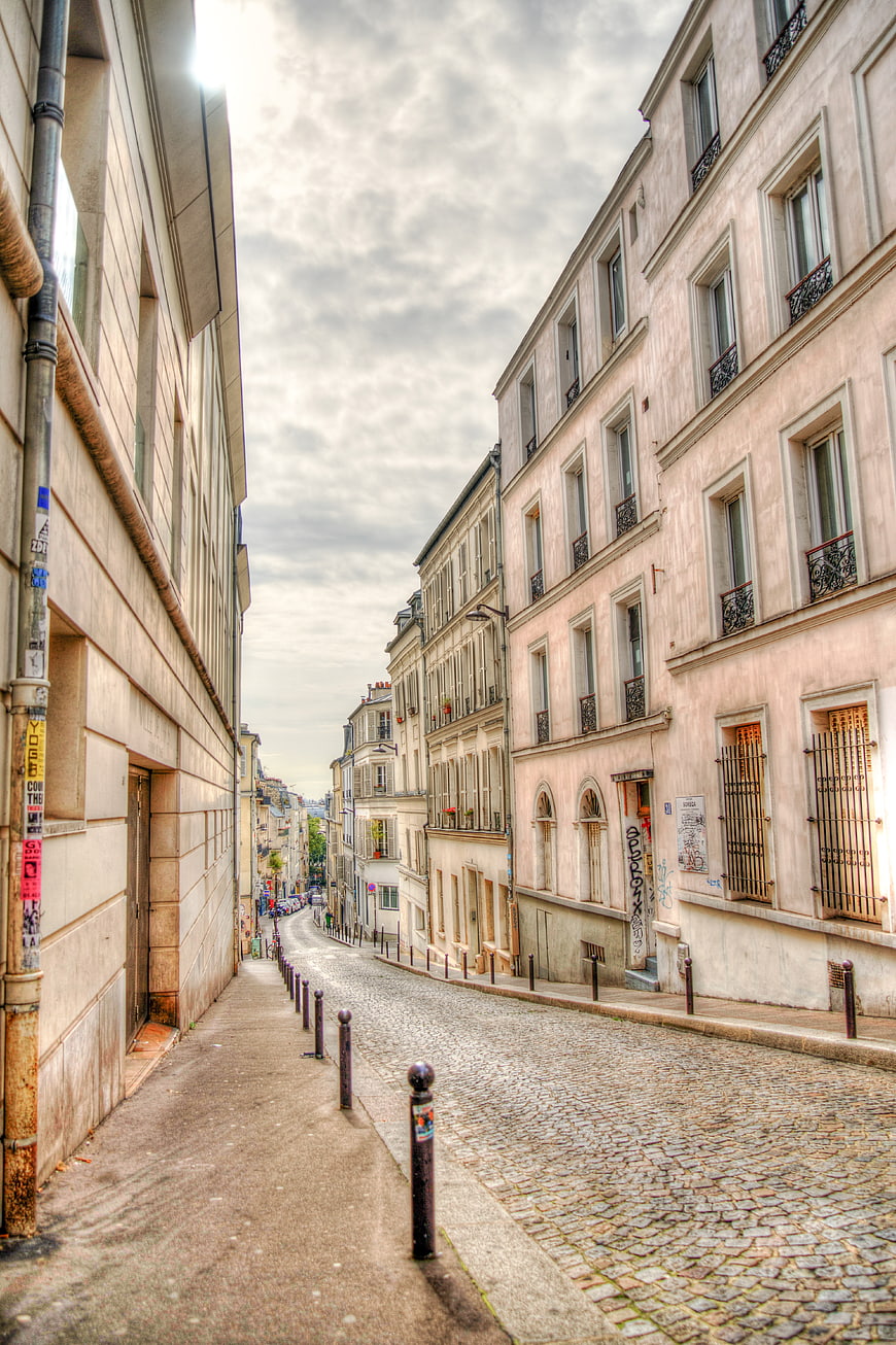 Cobblestone Street in Paris with Classic Architecture
