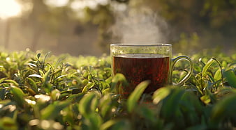 Steaming Glass Cup of Tea in Lush Green Tea Plantation