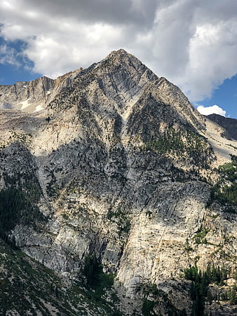 Majestic Rocky Mountain Peak with Clouds and Pine Trees