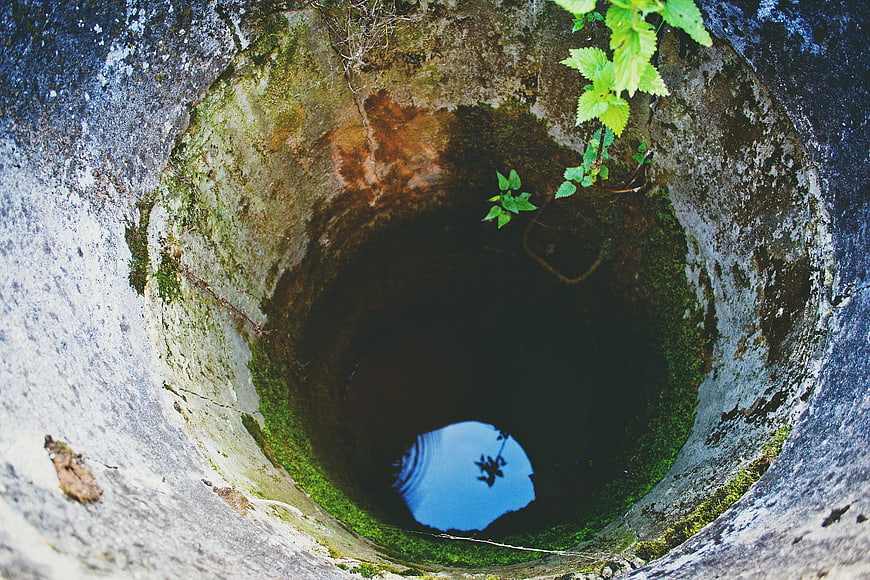 Looking Down Into An Old Mossy Stone Well With Water Reflection