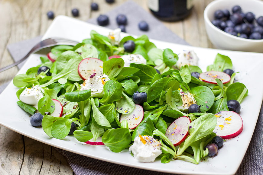 Fresh Spinach Salad with Radishes, Blueberries, and Goat Cheese