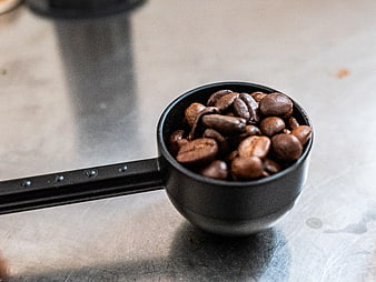 Black Scoop of Roasted Coffee Beans on Metal Surface