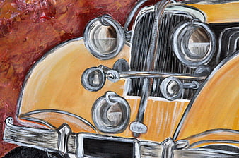 Vintage Yellow Classic Car Painting Art