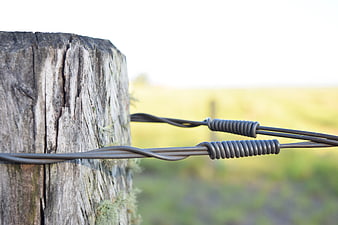 Close-up of weathered wooden fence post with wire