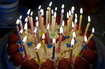 Strawberry Birthday Cake with Lit Candles