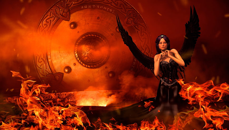 Dark Fantasy Woman With Black Wings And Celtic Shield In Fire