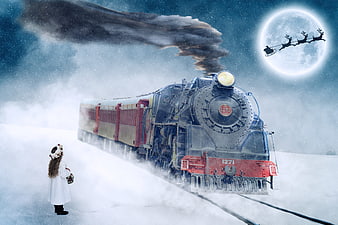 Magical Christmas Steam Train with Girl and Santa Sleigh
