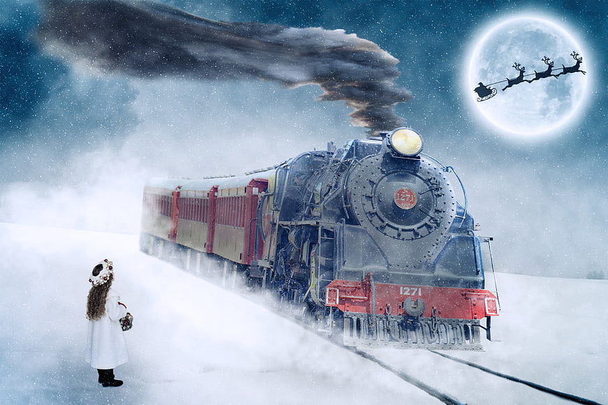 Magical Christmas Steam Train with Girl and Santa Sleigh