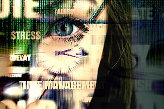 Stressed Woman With Digital Clock Overlay And Time Management Text