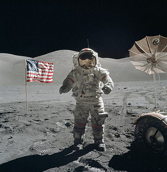 Astronaut on the Moon with Flag and Rover