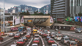 Hong Kong Cross-Harbour Tunnel Traffic Jam Cityscape