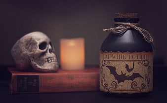 Halloween Bat Wing Potion Bottle with Skull and Book