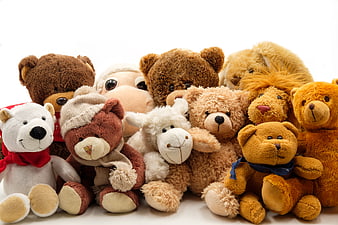 Group of assorted teddy bears and stuffed animals on white background