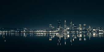 Perth City Skyline Night Reflection on Swan River Panorama