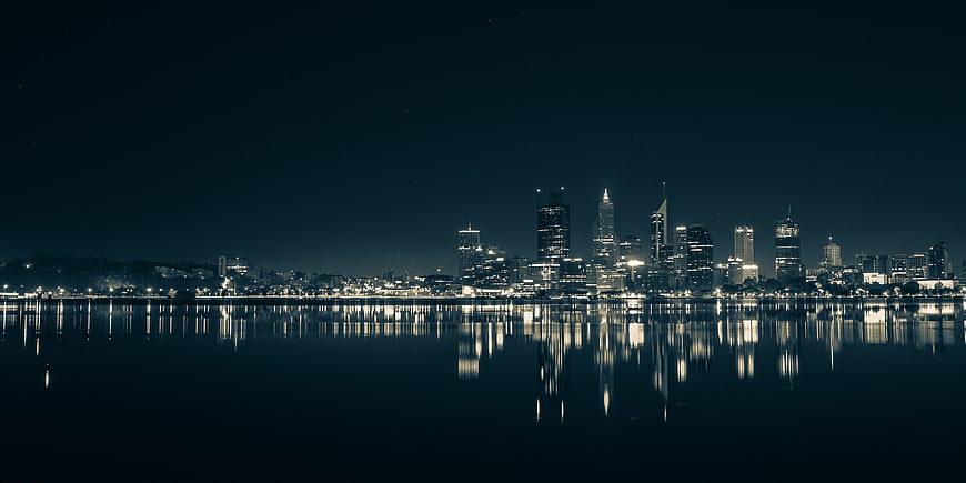 Perth City Skyline Night Reflection on Swan River Panorama