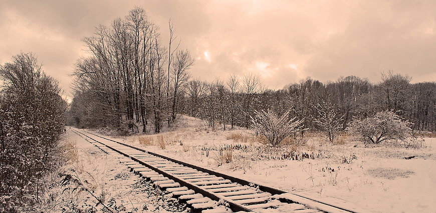 Snowy Railroad Tracks Leading Through Winter Forest