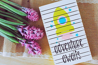 Adventure Awaits Wooden Sign with Pink Hyacinths