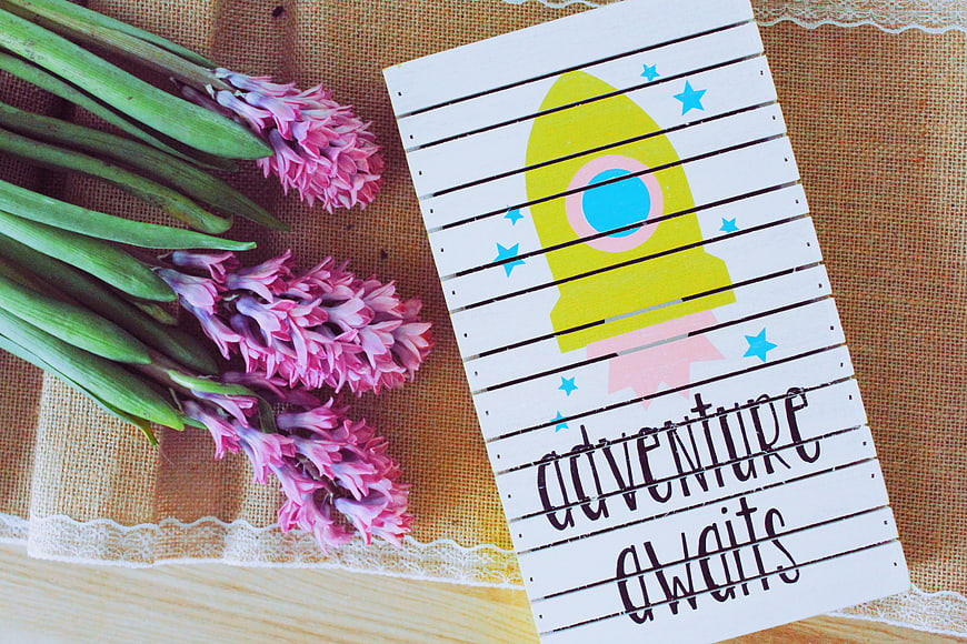 Adventure Awaits Wooden Sign with Pink Hyacinths