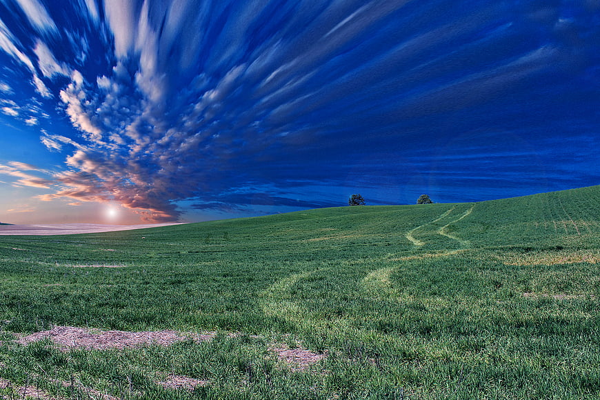 Dramatic Green Pasture with Streaking Clouds at Sunset