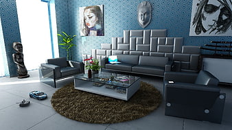 Modern Living Room Interior with Blue Patterned Walls and Grey Sofa