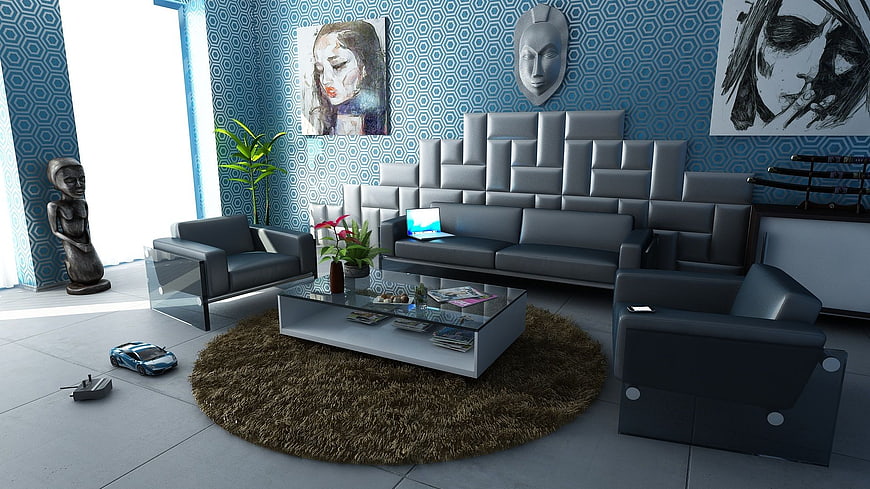 Modern Living Room Interior with Blue Patterned Walls and Grey Sofa