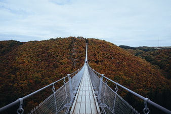 Suspension bridge crossing autumn forested mountain ridge