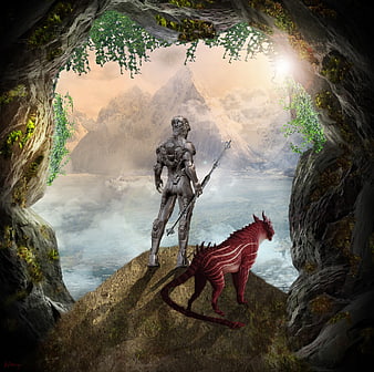 Sci-fi robot warrior and red dragon companion overlooking misty mountains