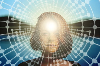 Woman with digital network overlay representing artificial intelligence and data connectivity