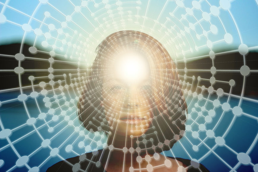 Woman with digital network overlay representing artificial intelligence and data connectivity
