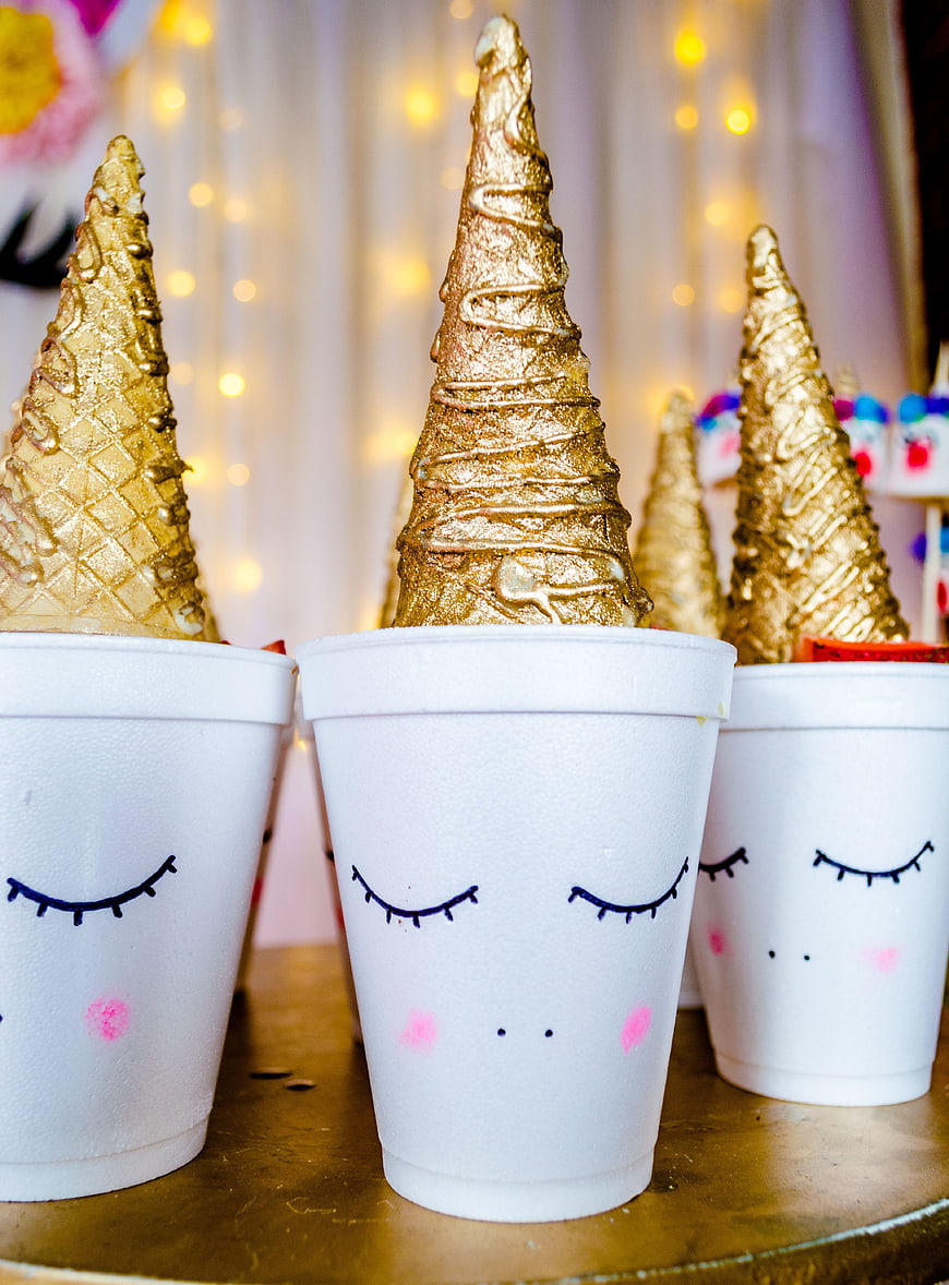 Gold Dipped Unicorn Ice Cream Cones in Cute Face Cups