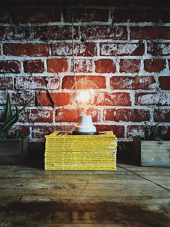 Vintage Edison Bulb on Stack of National Geographic Magazines