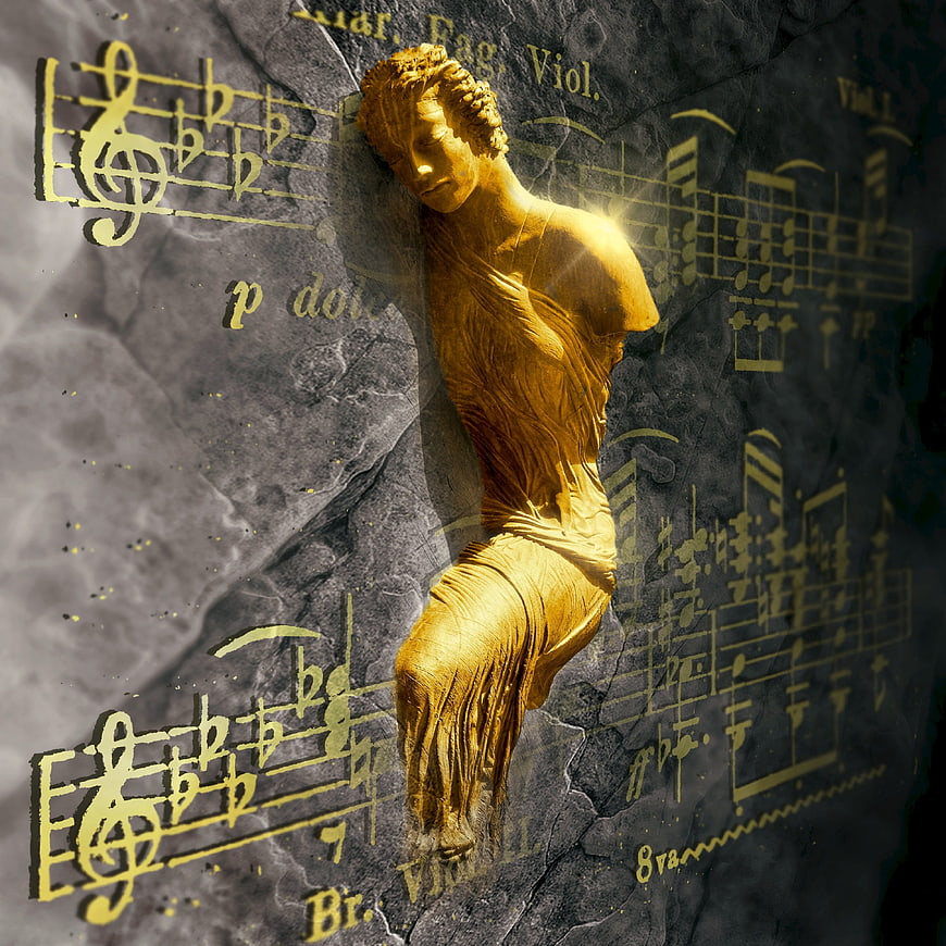 Golden classical statue with musical notes on stone background