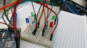 Arduino Breadboard Circuit With Colorful LEDs And Wires