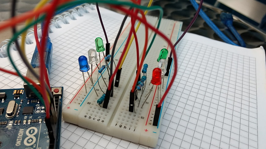 Arduino Breadboard Circuit With Colorful LEDs And Wires